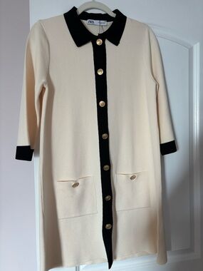Zara Cream Dress Coat with Black Trim & Gold Buttons. Never worn.